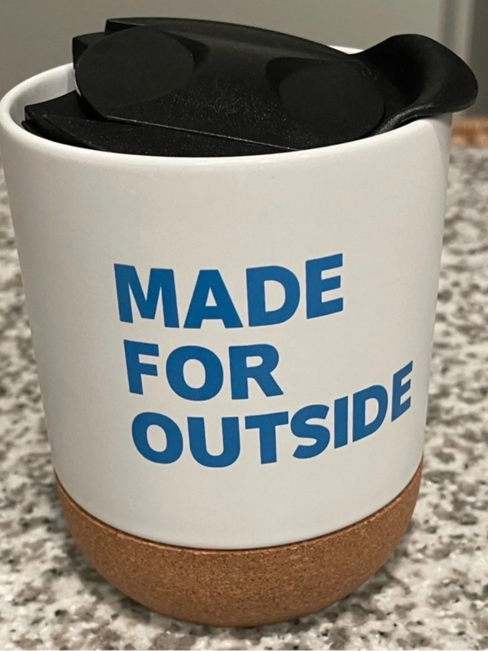 Columbia White Travel Mug with Black Lid and Cork Base